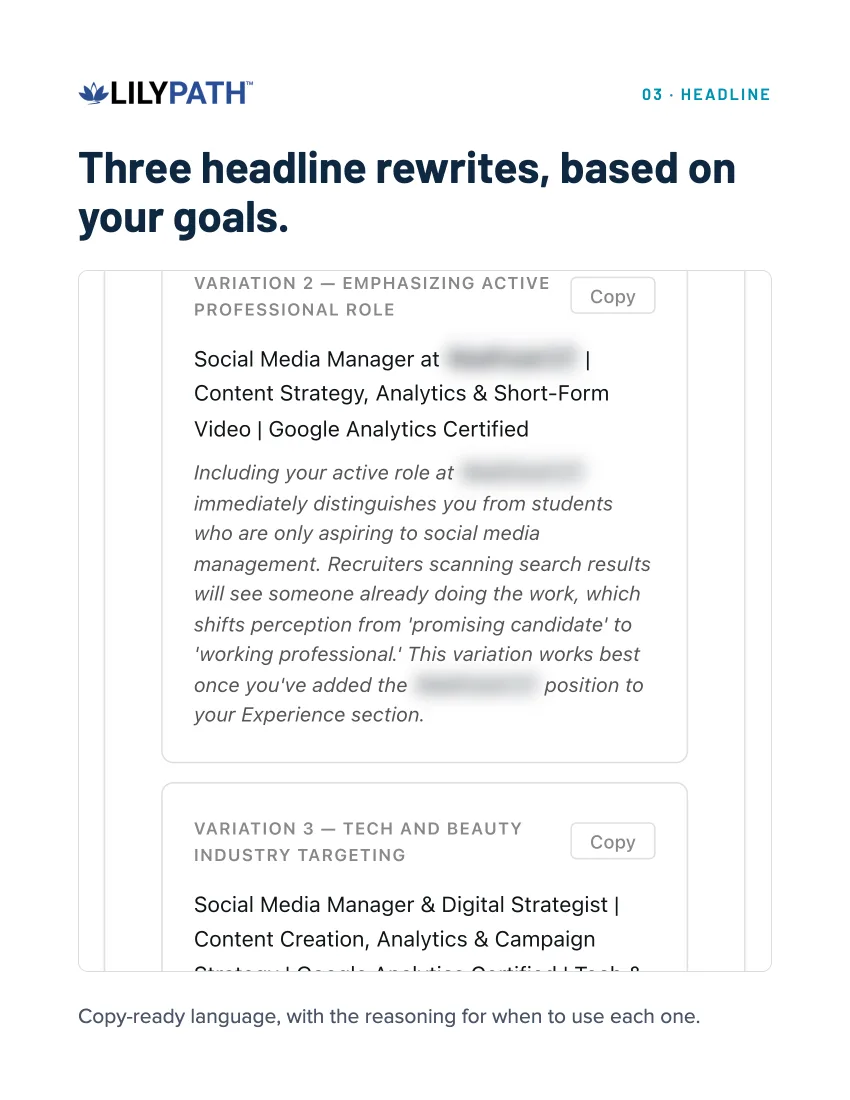 Headline page: three copy-ready headline rewrites based on your goals.