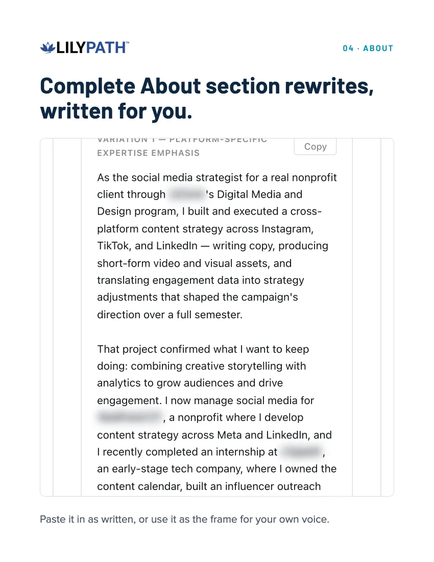 About page: complete About section rewrites, written for you.