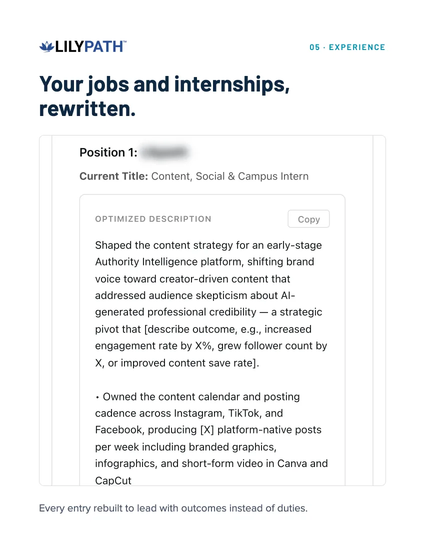 Experience page: jobs and internships rewritten to lead with outcomes.