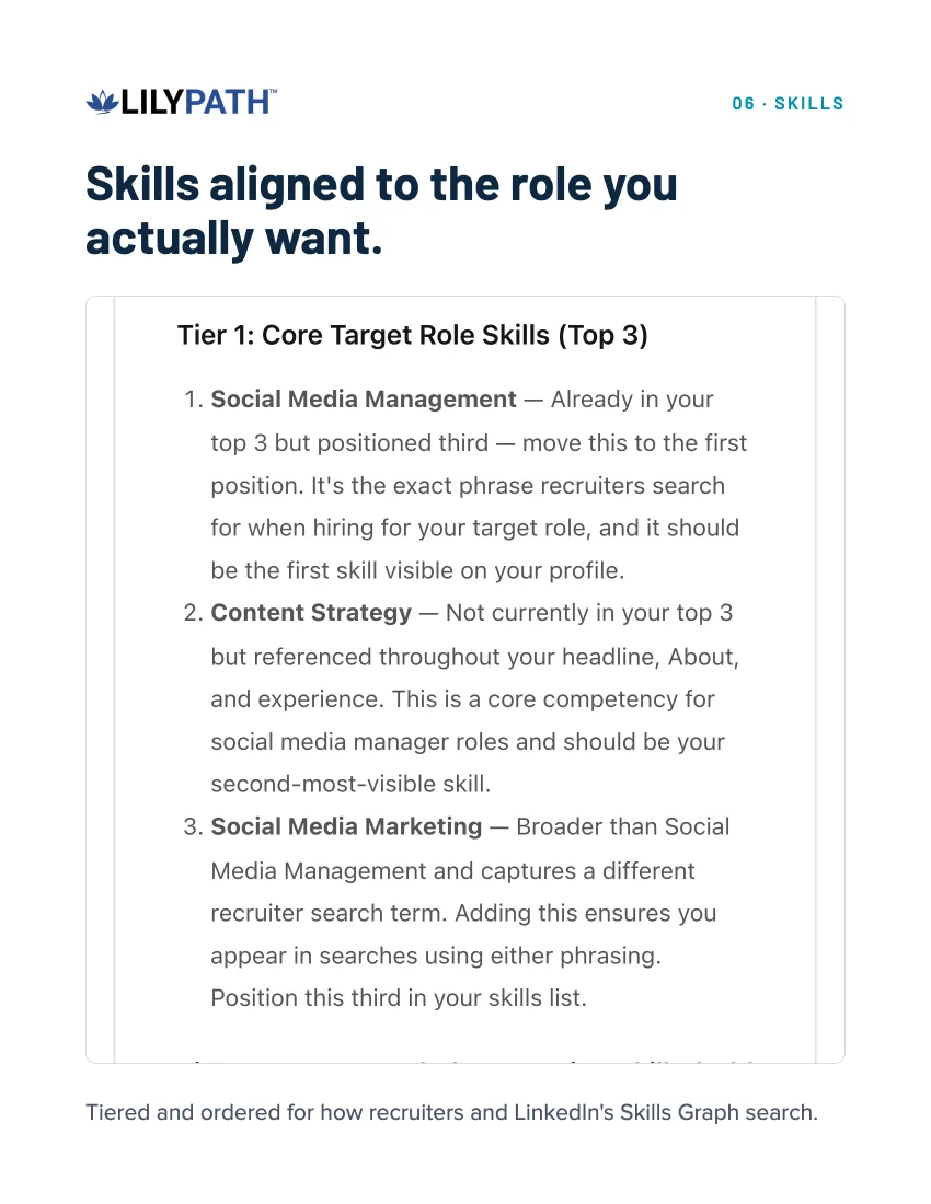 Skills page: skills tiered and ordered for how recruiters and LinkedIn's Skills Graph search.